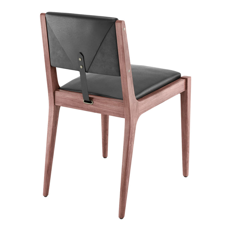 Stylish black leather seat with a warm wood finish and contrasting back strap detail. Modern and functional design.