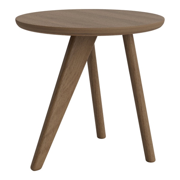 Natural wood side table with a smooth round top and three tapered legs in a warm, earthy brown tone.