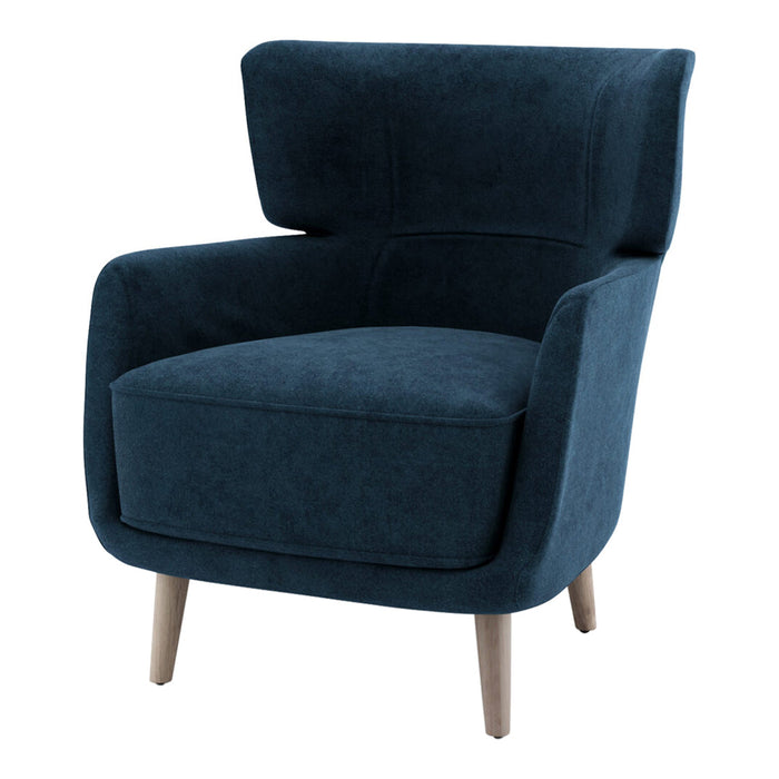 Navy blue upholstered armchair with a smooth, modern design and minimalistic wooden legs.