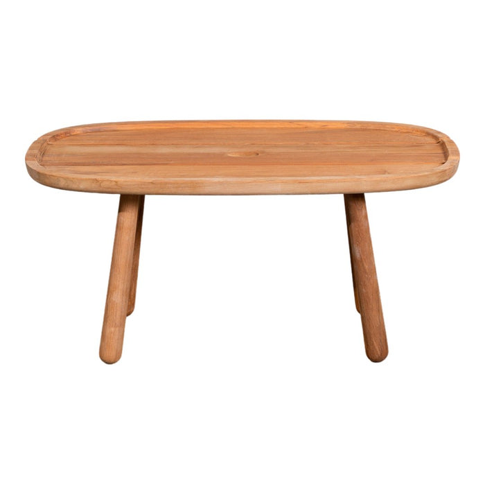 Natural wood coffee table with a light brown finish and smooth, rounded edges, perfect for minimalist decor.