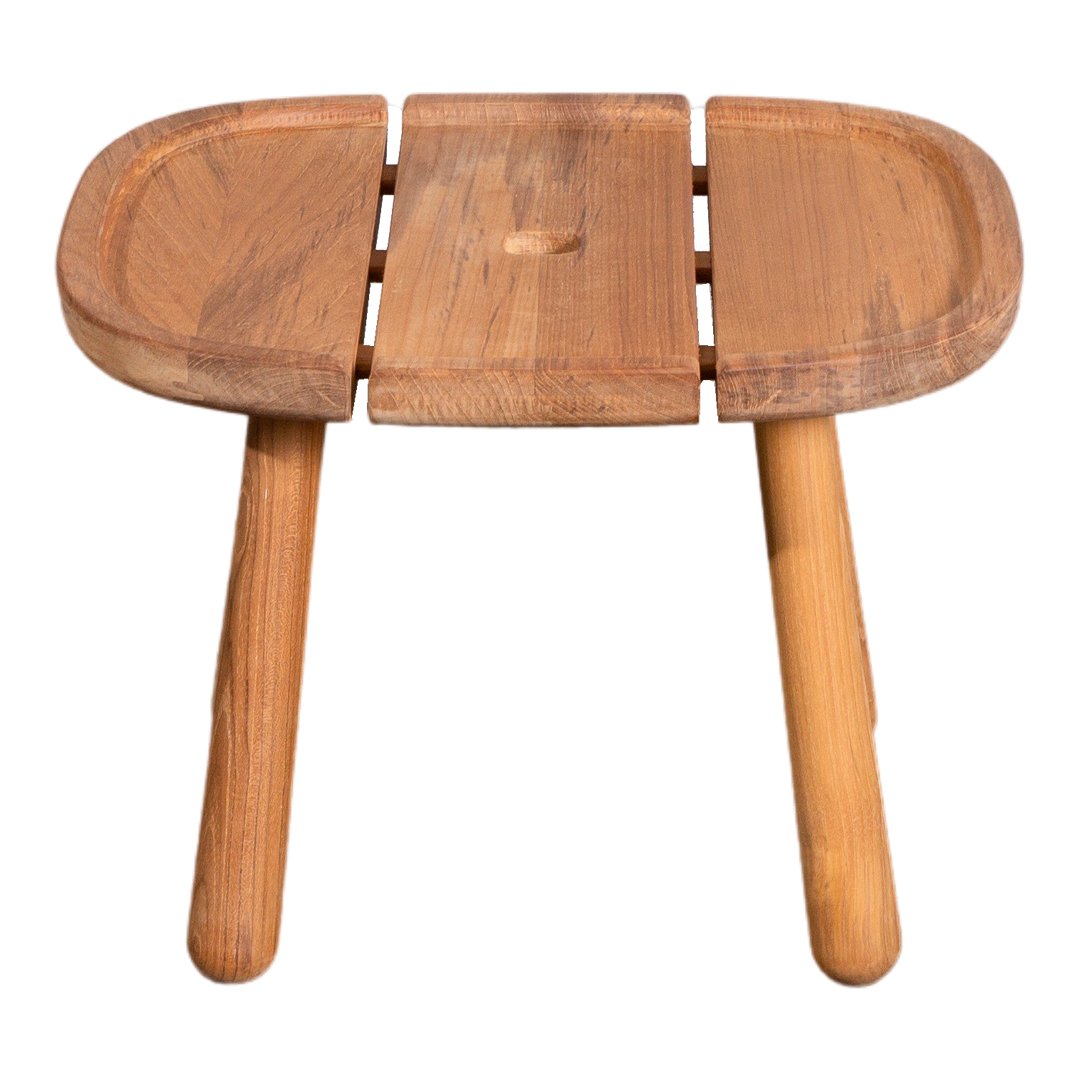 Natural wood stool with smooth, light brown finish and sleek slatted design. Ideal for minimalist decor.