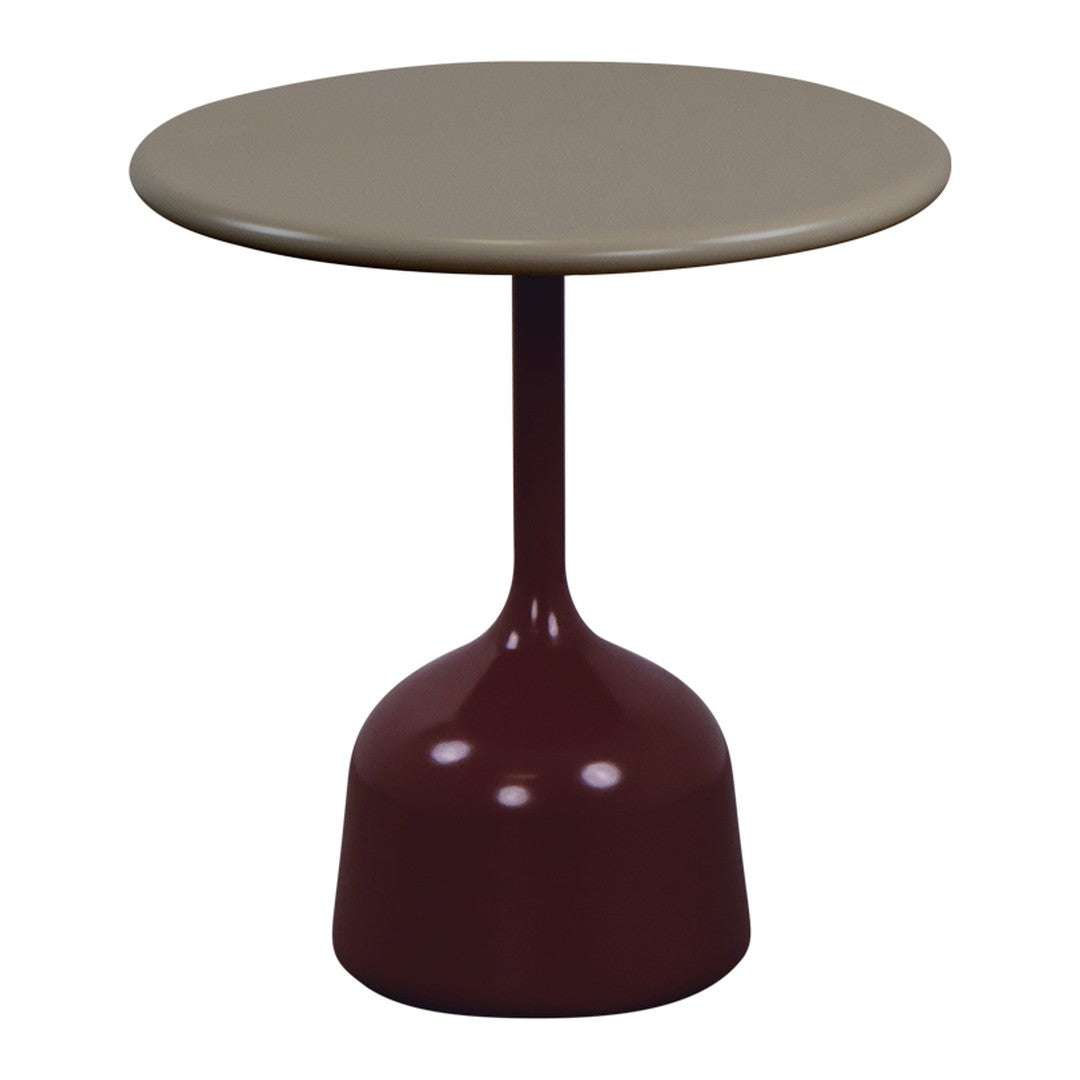 Beige and burgundy accent table with a smooth round top and a stylish, modern base. Perfect for any decor.
