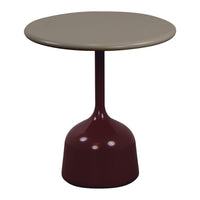 Beige and burgundy accent table with a smooth round top and a stylish, modern base. Perfect for any decor.