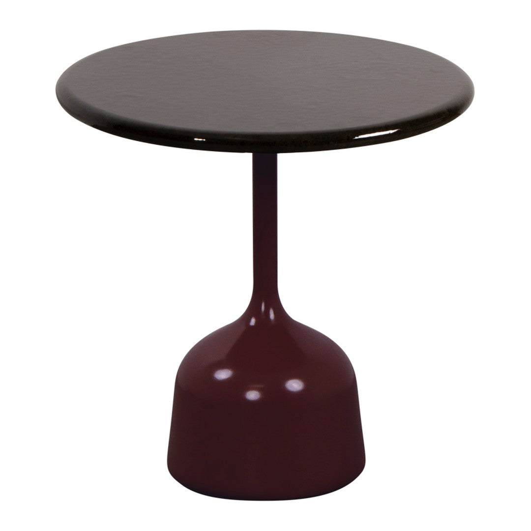 Stylish round table with a dark wood top and rich burgundy base, perfect for modern decor.