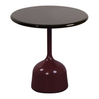 Stylish round table with a dark wood top and rich burgundy base, perfect for modern decor.
