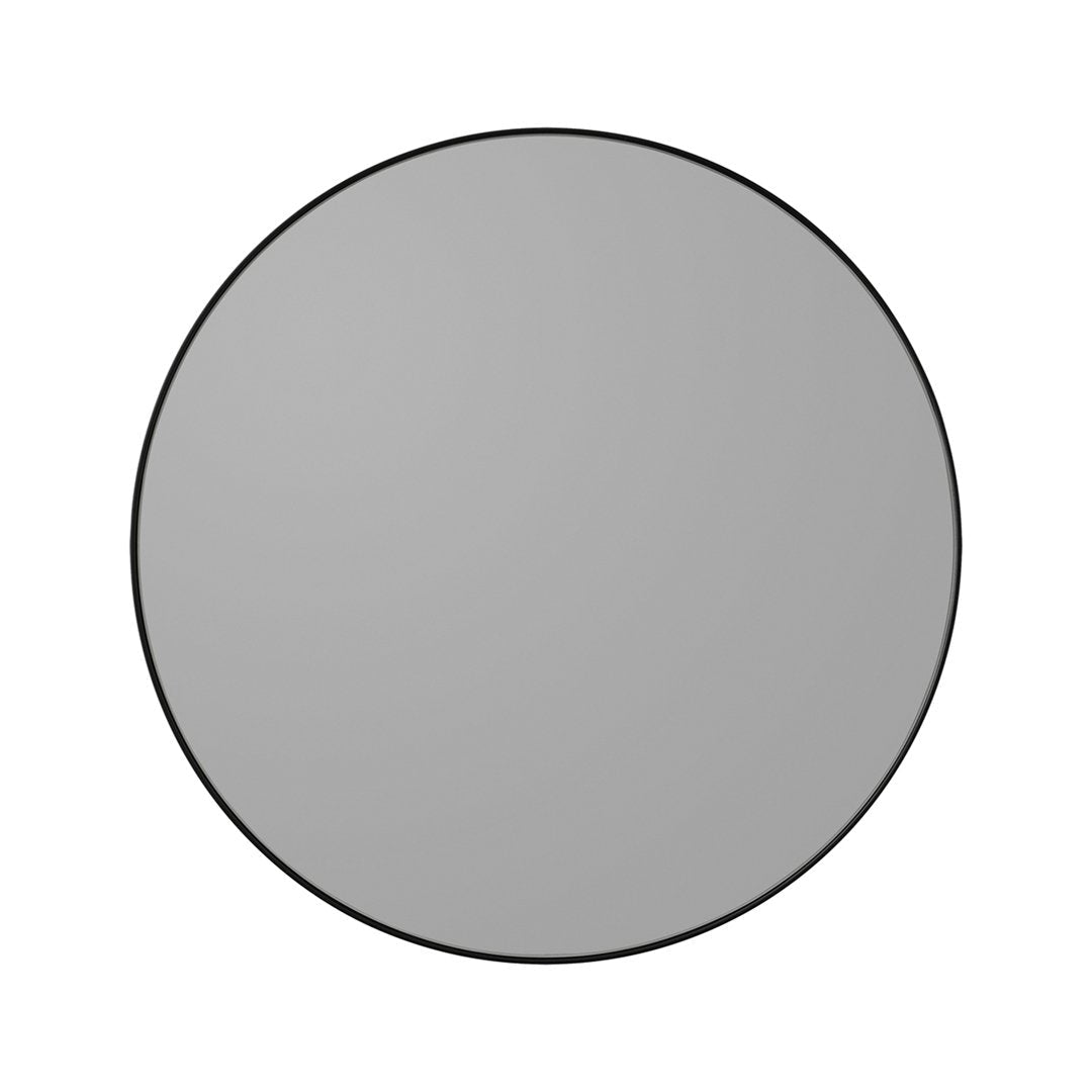 Round gray wall mirror with a sleek black border, featuring a smooth, minimalist design. Perfect for modern decor.