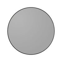 Round gray wall mirror with a sleek black border, featuring a smooth, minimalist design. Perfect for modern decor.