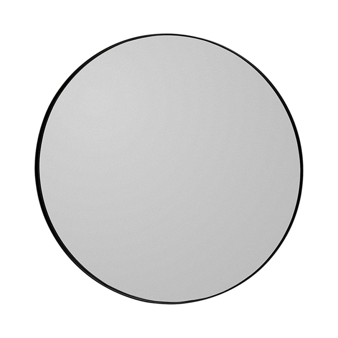 Round mirror with a sleek black frame and a clear reflective surface, perfect for modern decor.