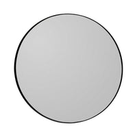 Round mirror with a sleek black frame and a clear reflective surface, perfect for modern decor.