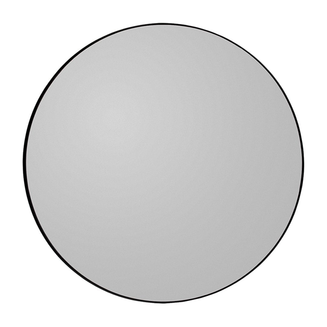 Round mirror with a sleek black frame and a smooth, reflective surface. Perfect for modern decor.