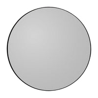 Round mirror with a sleek black frame and a smooth, reflective surface. Perfect for modern decor.
