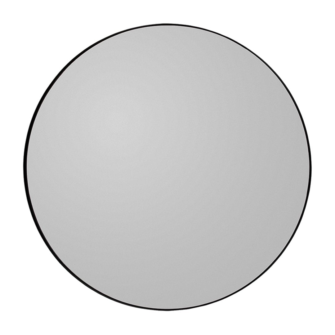 Round mirror with a sleek black frame and a smooth, reflective surface. Perfect for modern decor.