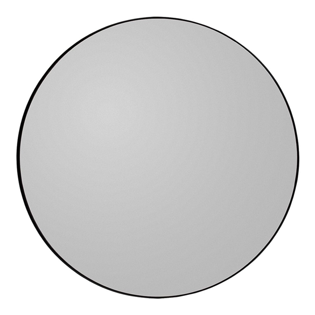 Circular mirror with a sleek black frame and a minimalist design, showcasing a smooth reflective surface.