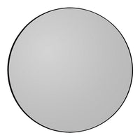 Circular mirror with a sleek black frame and a minimalist design, showcasing a smooth reflective surface.