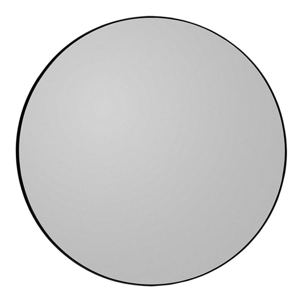 Circular mirror with a sleek black frame and a minimalist design, showcasing a smooth reflective surface.