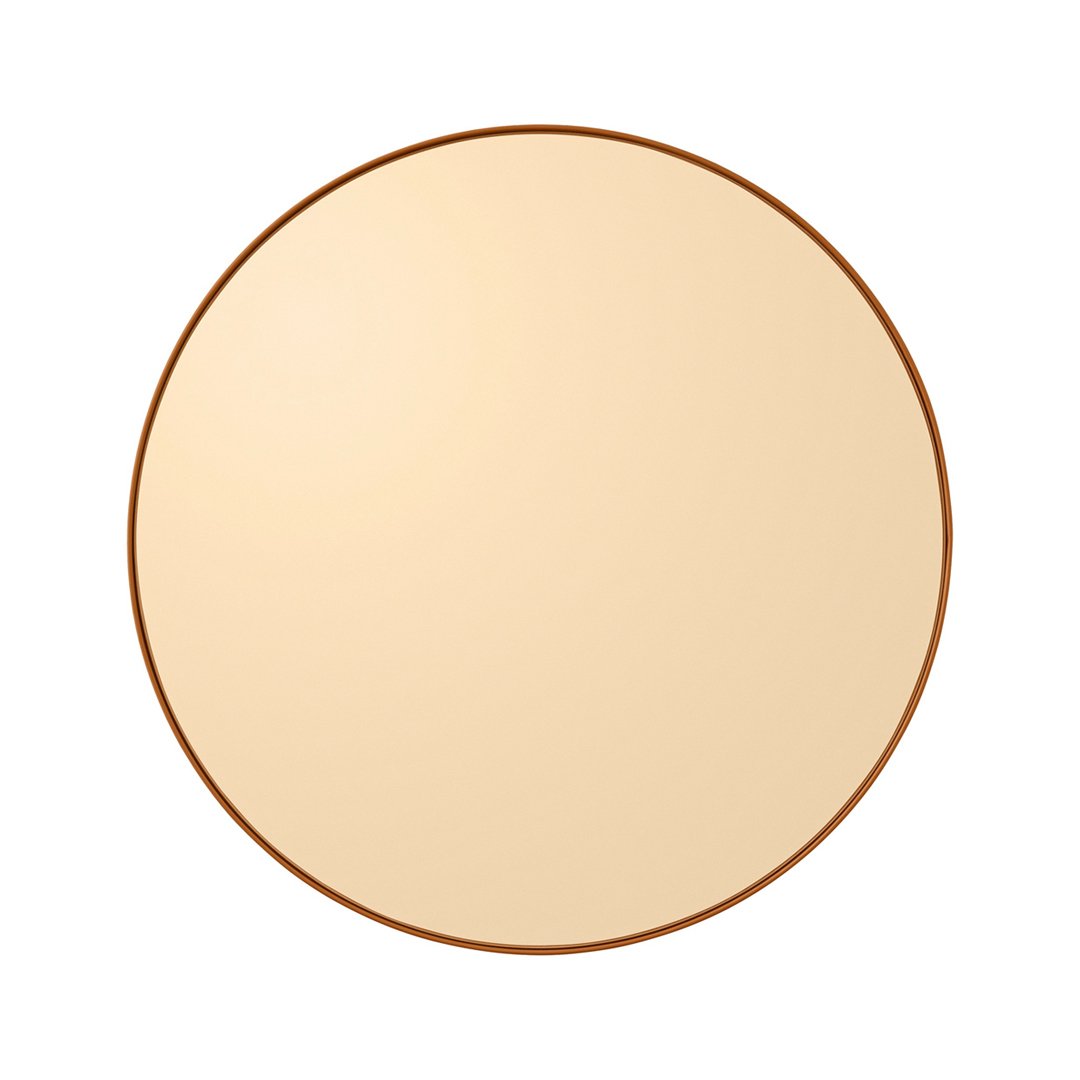Round mirror with a smooth, beige surface and a thin, warm-toned brown frame.