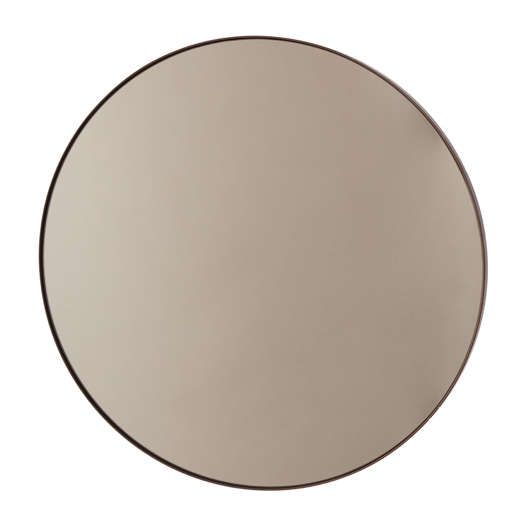 Round mirror with a sleek beige surface and a thin dark brown border, perfect for modern decor.