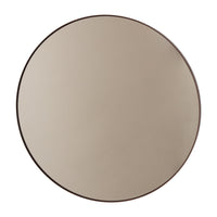 Round mirror with a sleek beige surface and a thin dark brown border, perfect for modern decor.
