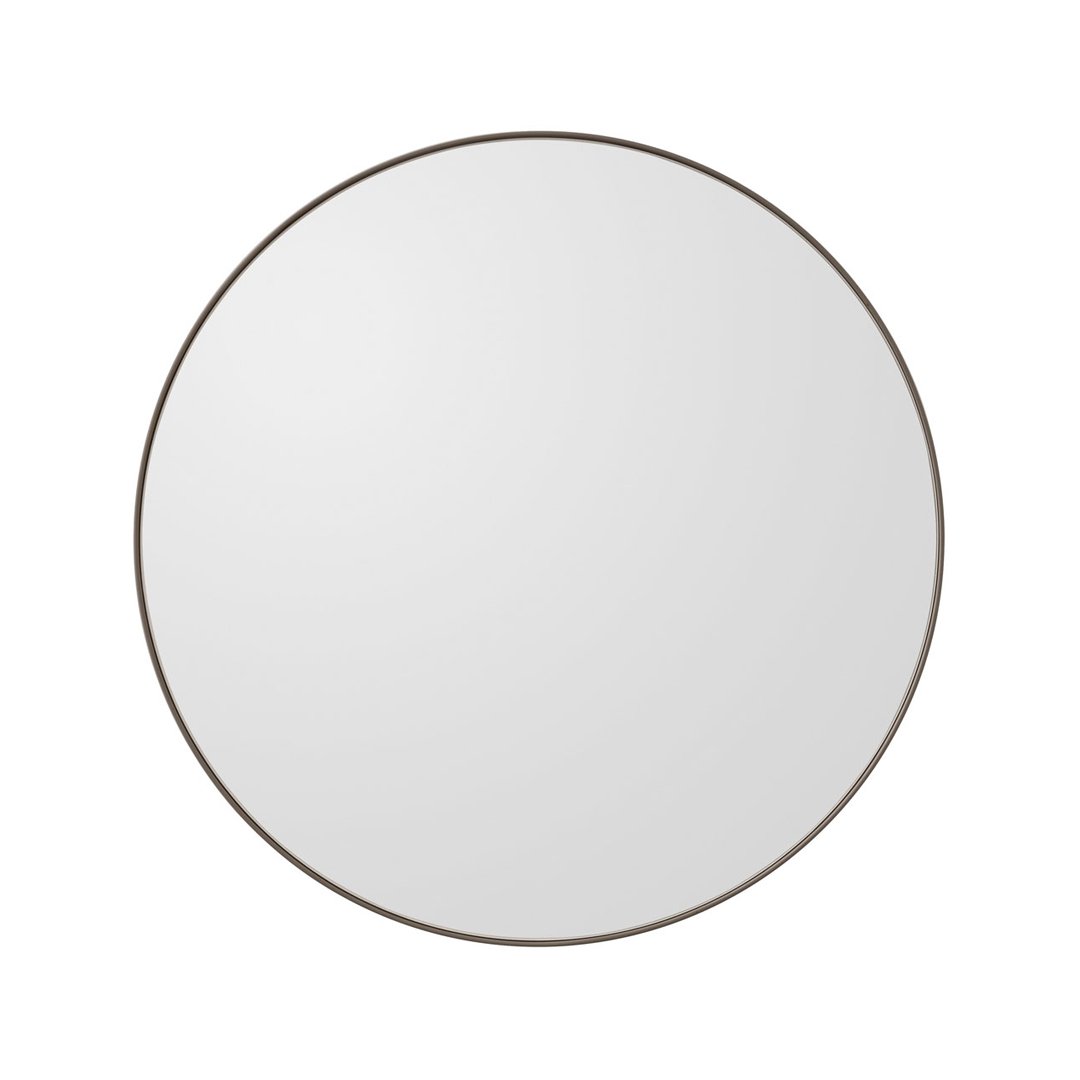 Round mirror with a sleek, minimalist design featuring a thin brown metal border. Clear reflective surface.