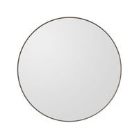 Round mirror with a sleek, minimalist design featuring a thin brown metal border. Clear reflective surface.