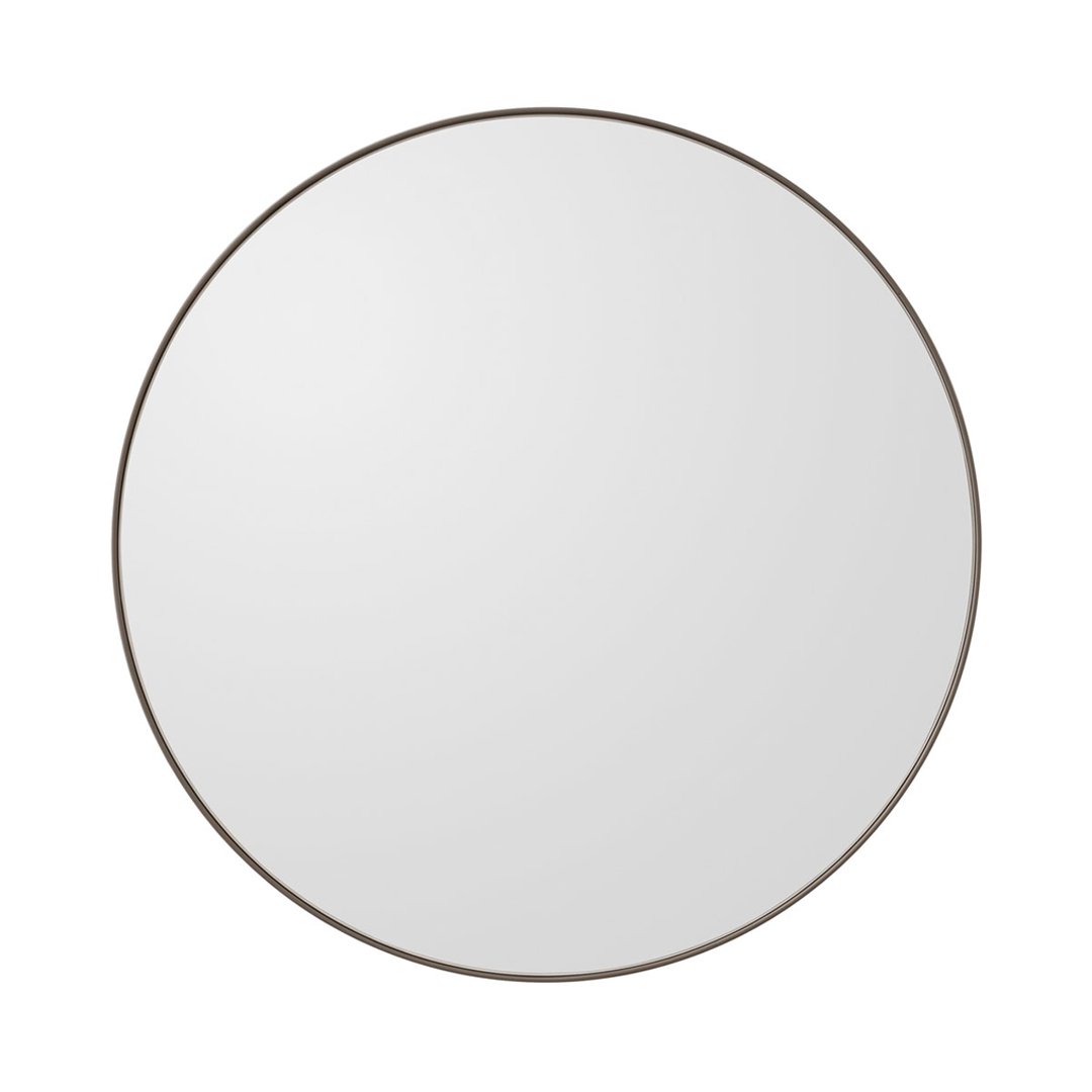 Round wall mirror with a sleek, minimalist design featuring a thin, dark bronze frame and a clear reflective surface.