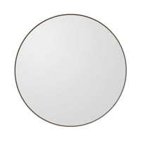Round wall mirror with a sleek, minimalist design featuring a thin, dark bronze frame and a clear reflective surface.