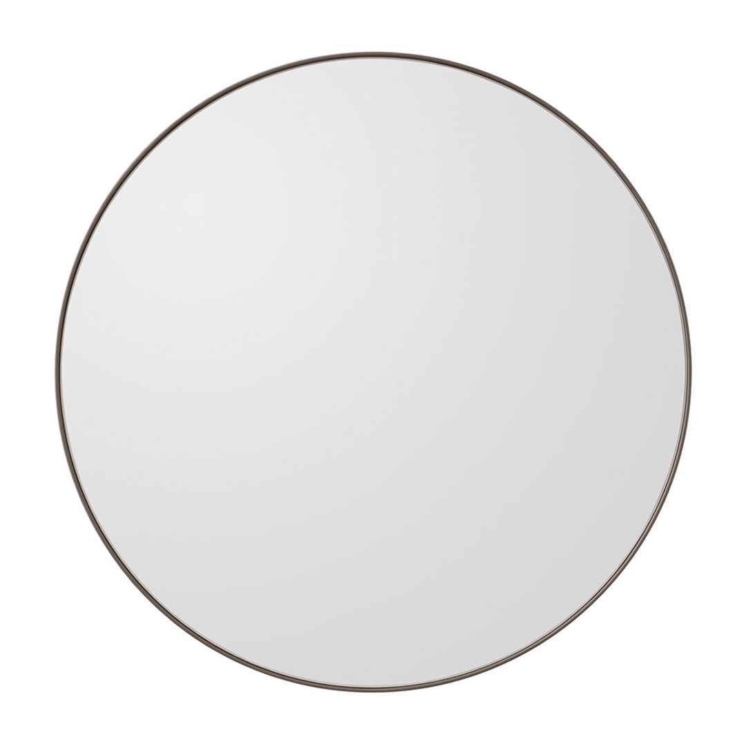 Round mirror with a sleek, minimalist design featuring a thin dark brown frame and a reflective surface.