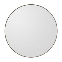 Round mirror with a sleek, minimalist design featuring a thin dark brown frame and a reflective surface.