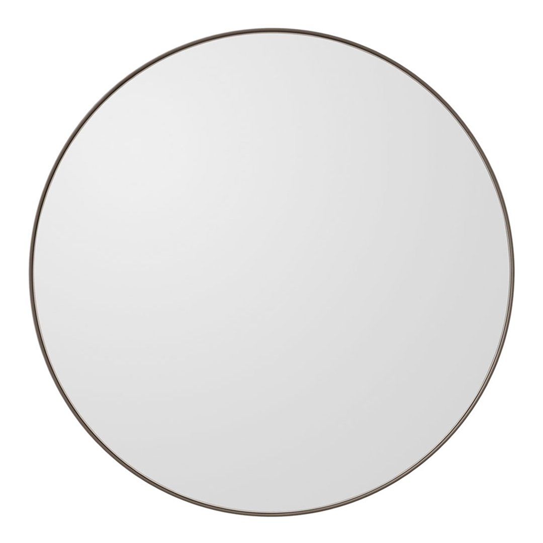 Round mirror with a sleek, thin bronze frame against a plain background. Simple and modern design.
