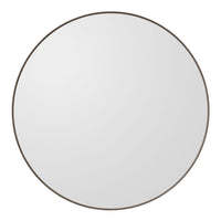 Round mirror with a sleek, thin bronze frame against a plain background. Simple and modern design.
