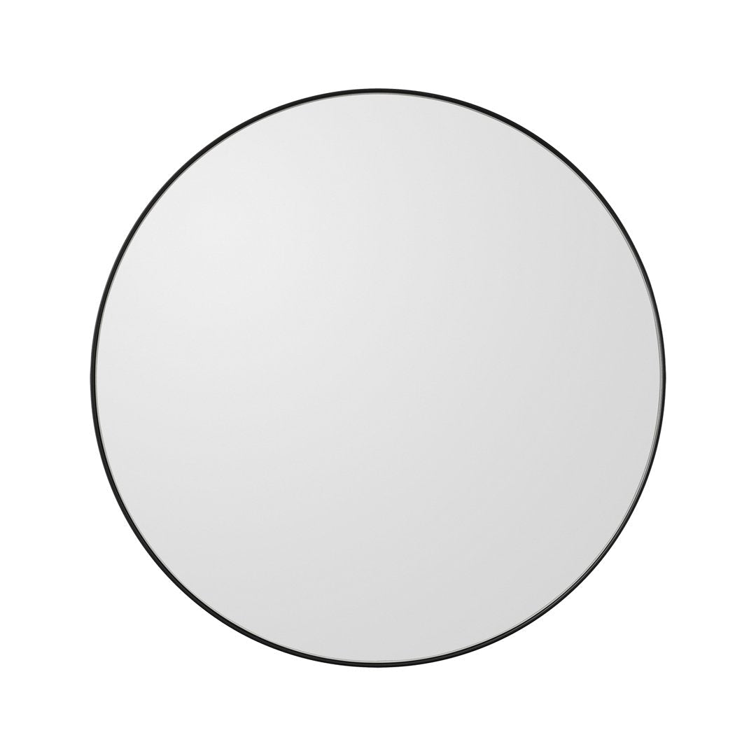Round mirror with a sleek black frame and a clear, reflective surface. Elegant design for modern decor.
