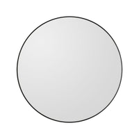 Round mirror with a sleek black frame and a clear, reflective surface. Elegant design for modern decor.