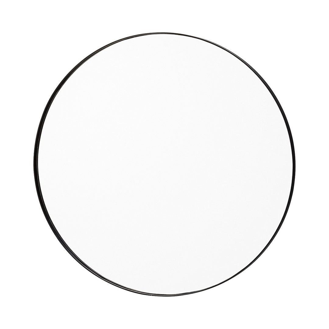 Round wall mirror with a sleek, black frame and a smooth, reflective surface. Minimalist design adds elegance.