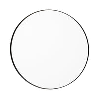 Round wall mirror with a sleek, black frame and a smooth, reflective surface. Minimalist design adds elegance.