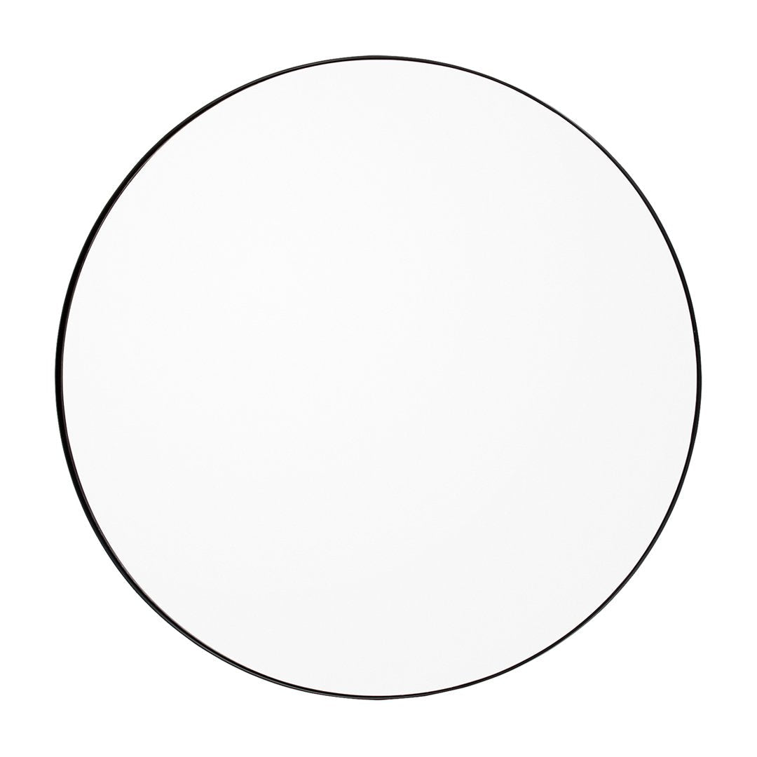 Round mirror with a sleek black rim and a minimalist white surface, perfect for modern decor.