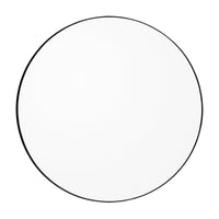 Round mirror with a sleek black rim and a minimalist white surface, perfect for modern decor.