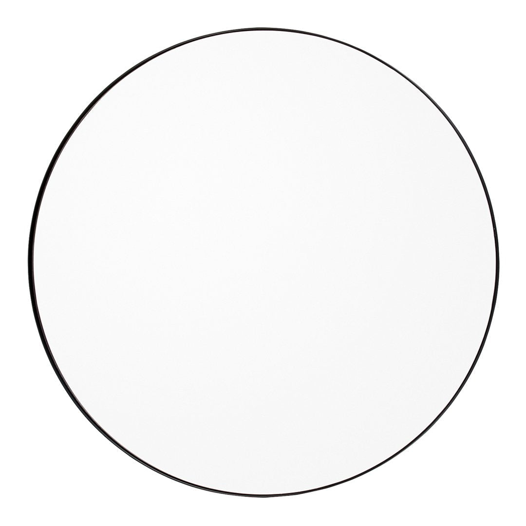 Round mirror with a sleek black rim and a minimalist, reflective surface. Perfect for modern decor.