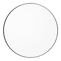 Round mirror with a sleek black rim and a minimalist, reflective surface. Perfect for modern decor.
