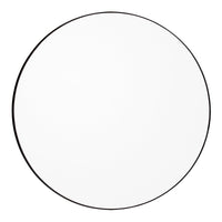 Round mirror with a sleek black rim and a minimalist, reflective surface. Perfect for modern decor.