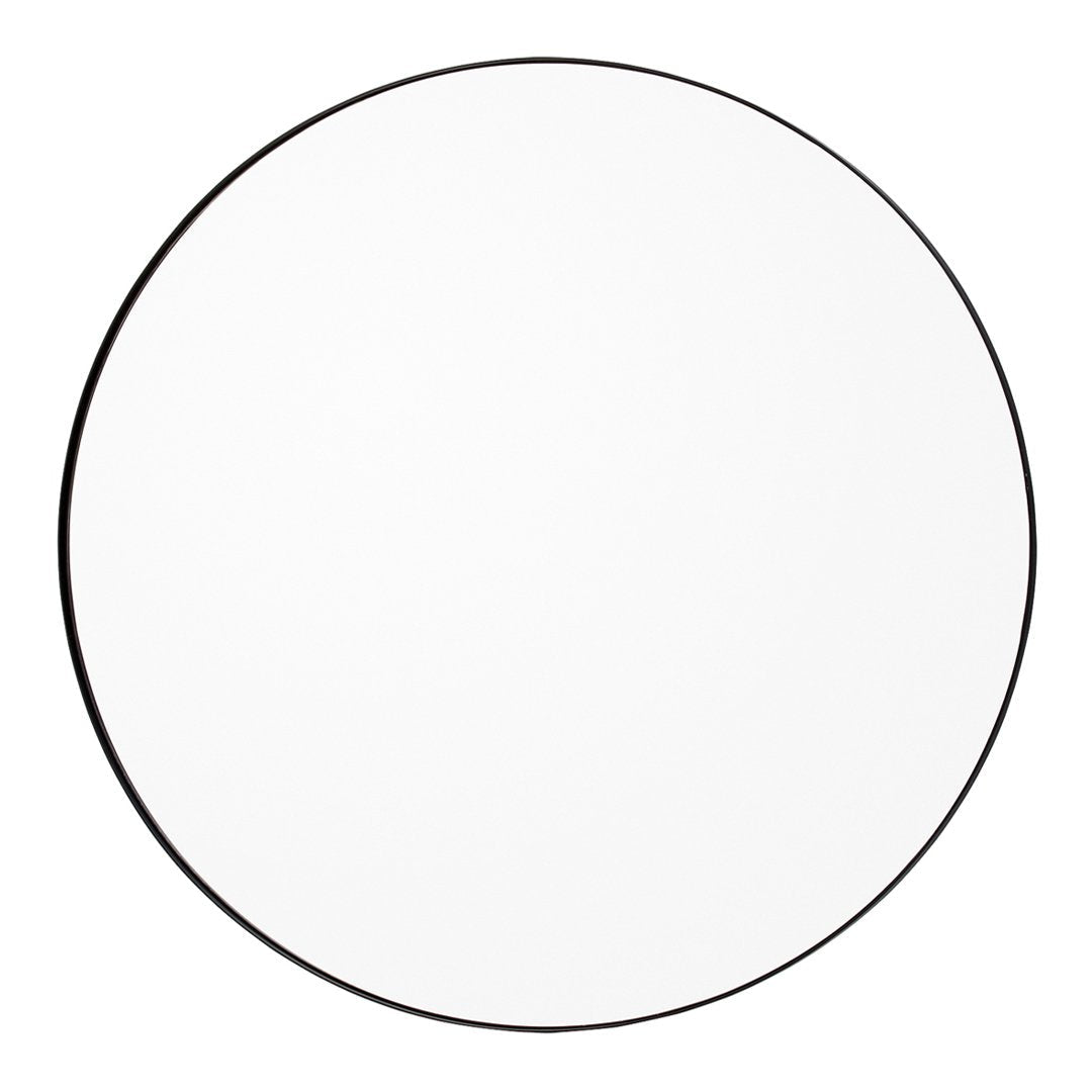 Round mirror with a sleek black rim and a minimalist, reflective surface. Perfect for modern decor.