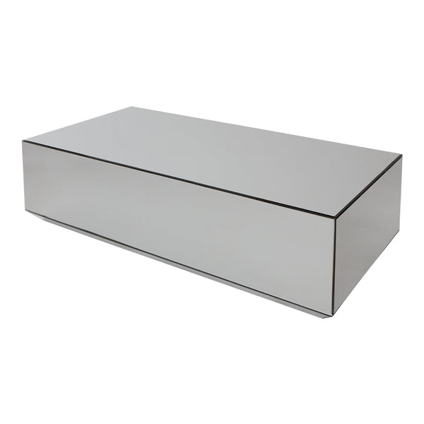 Sleek mirrored coffee table with a minimalist design, featuring a smooth silver surface and sharp geometric edges.