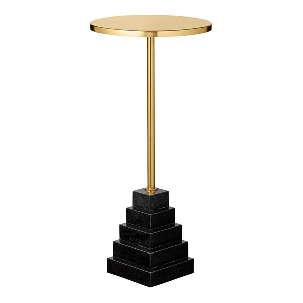 Gold and black pyramid side table with a sleek round top and geometric base, adding modern elegance to any space.