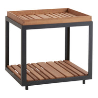 Brown wooden slat top and shelf with a black metal frame, featuring a modern, minimalist design.