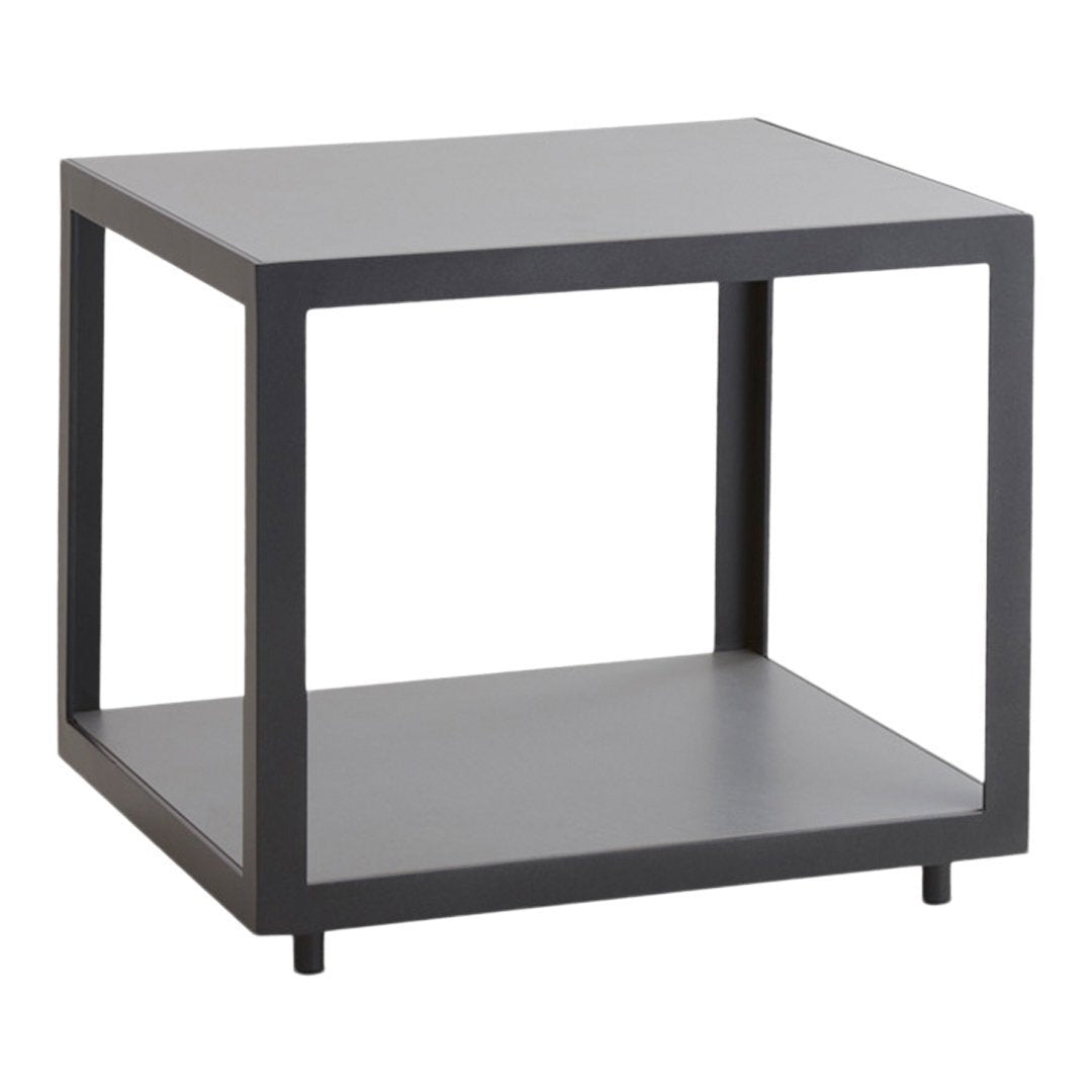 Modern black square side table with a sleek open-frame design and smooth surface. Perfect for minimalist decor.