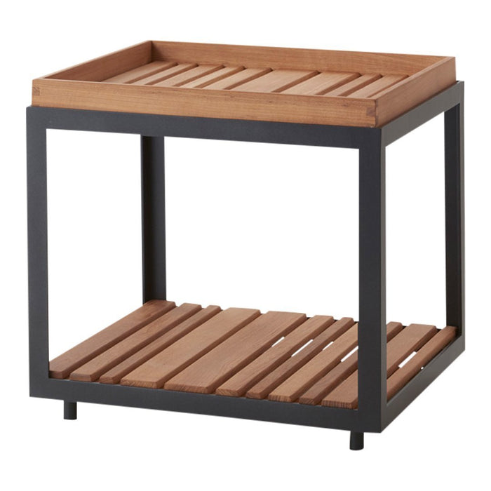 Brown wood slatted top and shelf with a sleek black metal frame, creating a modern contrast and open design.