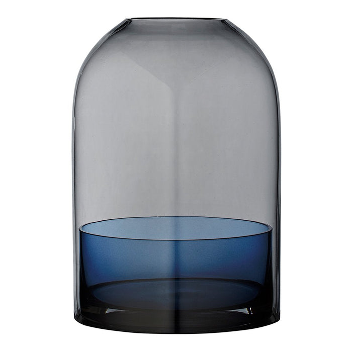 Smoky gray glass vase with a blue base, featuring a sleek, modern silhouette and smooth, reflective surface.