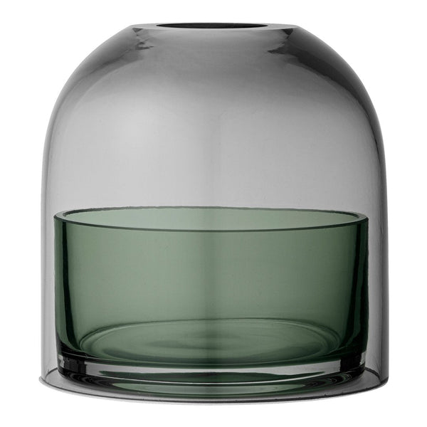 Smoky gray glass vase with a deep green inner bowl, featuring a sleek, modern design. Ideal for stylish decor.