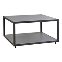 Modern black square coffee table with a minimalist design and smooth surfaces, featuring an open shelf for storage.