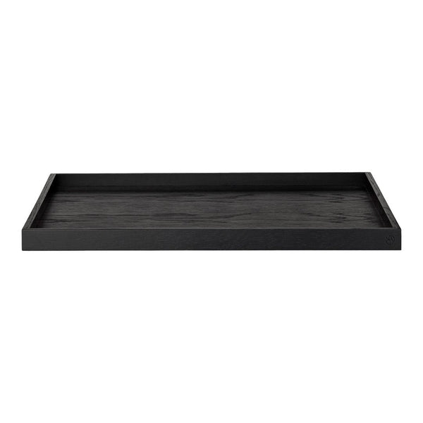 Sleek black wooden tray with a smooth, matte finish and subtle wood grain pattern. Perfect for modern decor.