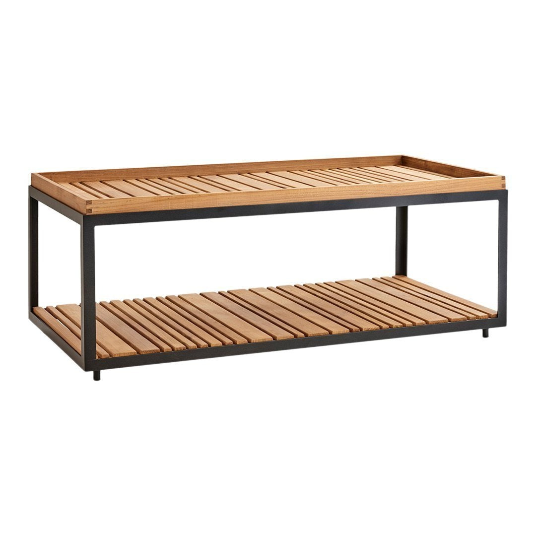 Wooden slatted coffee table with natural wood tones and a sleek black metal frame, featuring a modern minimalist design.